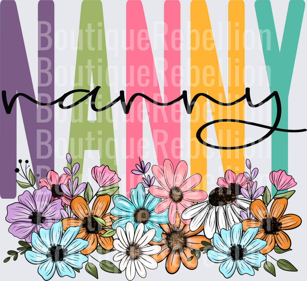 Nanny Script Text with Colorful Rainbow Letters and Floral Border Single DTF Transfer