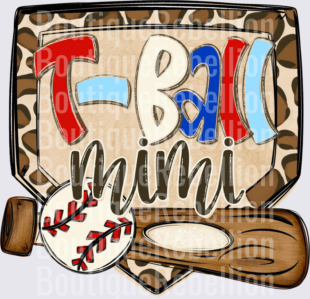 Baseball Mimi with Leopard Print Background and Wooden Bat Single DTF Transfer