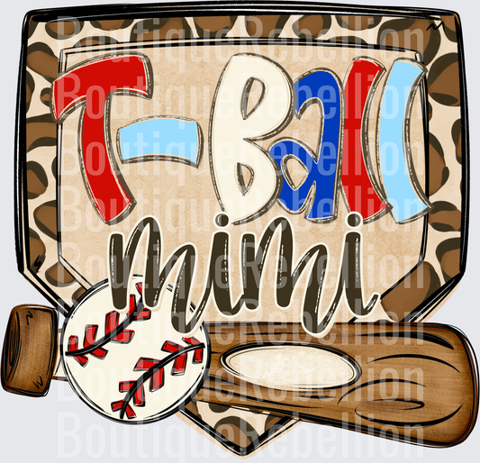 Baseball Mimi with Leopard Print Background and Wooden Bat Single DTF Transfer