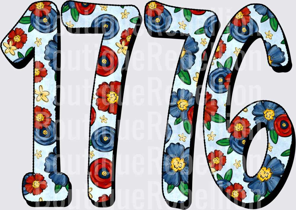 Floral Pattern Letters Red Blue Flowers Design Single DTF Transfer