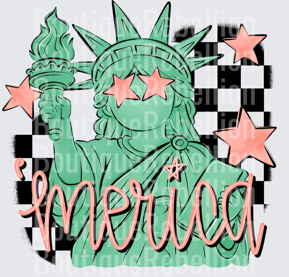 Merica Statue of Liberty with Star Eyes and Checkered Flag Single DTF Transfer