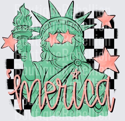 Merica Statue of Liberty with Star Eyes and Checkered Flag Single DTF Transfer