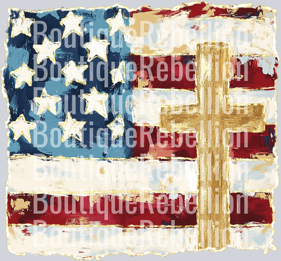 American Flag with Cross Glitter Single DTF Transfer