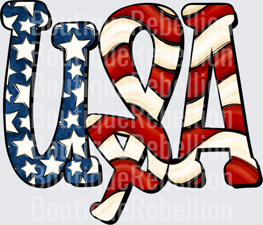 USA Letters with American Flag Stars and Stripes Pattern Single DTF Transfer