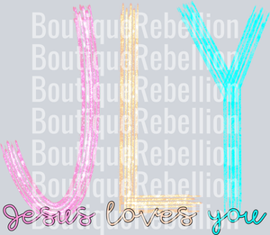 Jesus loves you faux glitter Single DTF Transfer