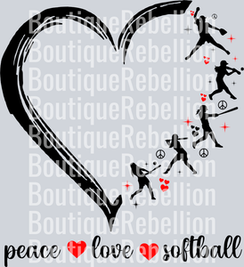 Peace Love Softball Heart Black Single DTF Image