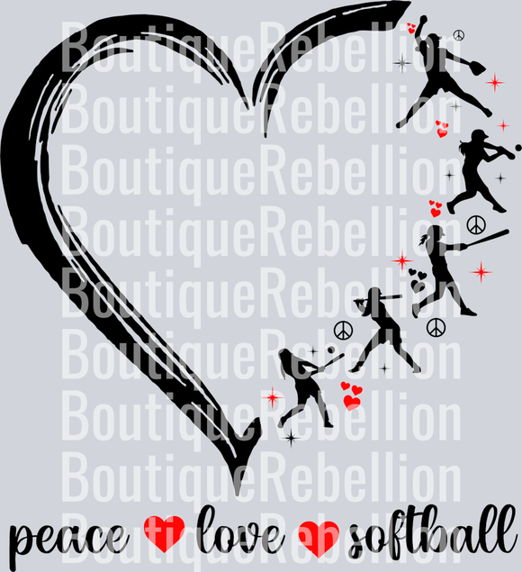 Peace Love Softball Heart Black Single DTF Image