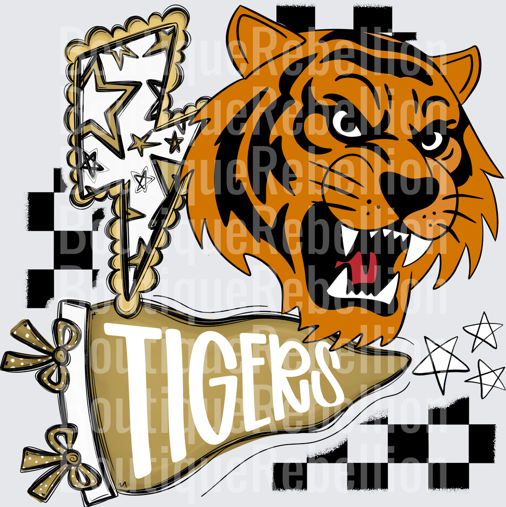 Fierce Orange Tiger Head with TIGERS Banner and Stars Single DTF Transfer
