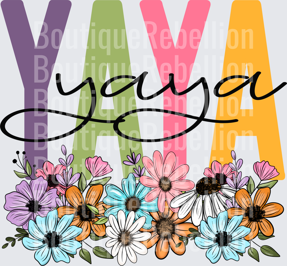 Colorful YAYA Text with Floral Border Design Single DTF Transfer
