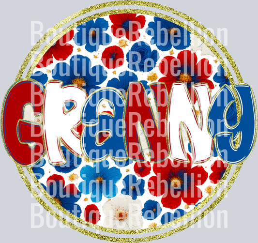 Granny Red White & Blue Floral Single DTF Transfer