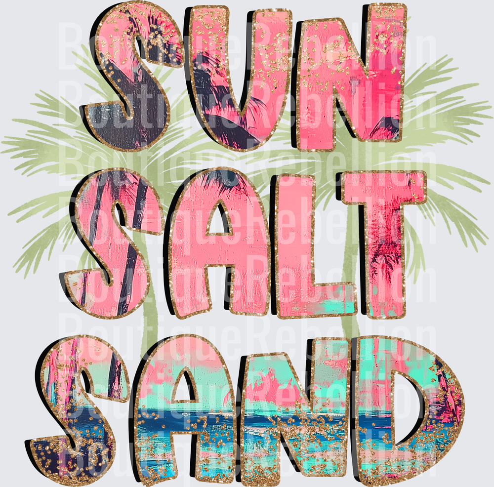 Sun Salt Sand Tropical Beach Typography with Palm Leaves Single DTF Transfer