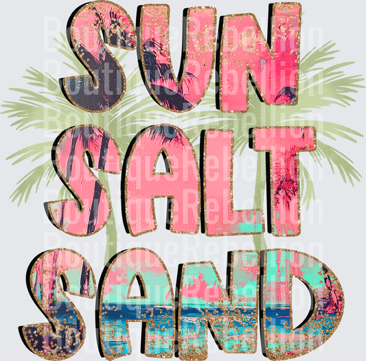 Sun Salt Sand Tropical Beach Typography with Palm Leaves Single DTF Transfer