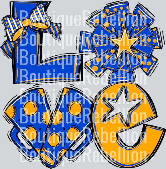 Love Cheer Royal Blue Yellowgold Single DTF Transfer