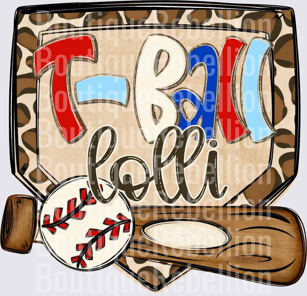 Ball Y'all Baseball Home Plate with Leopard Print and Wooden Bat Single DTF Transfer